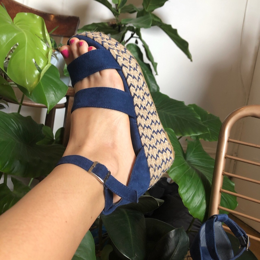 Blue and tan espadrilles